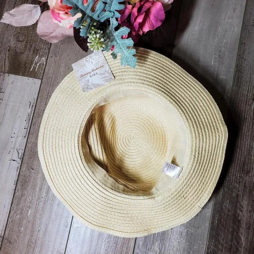 NWT Tommy Bahama Kids Girls Straw Hat with Blue & Pink Metallic Bow